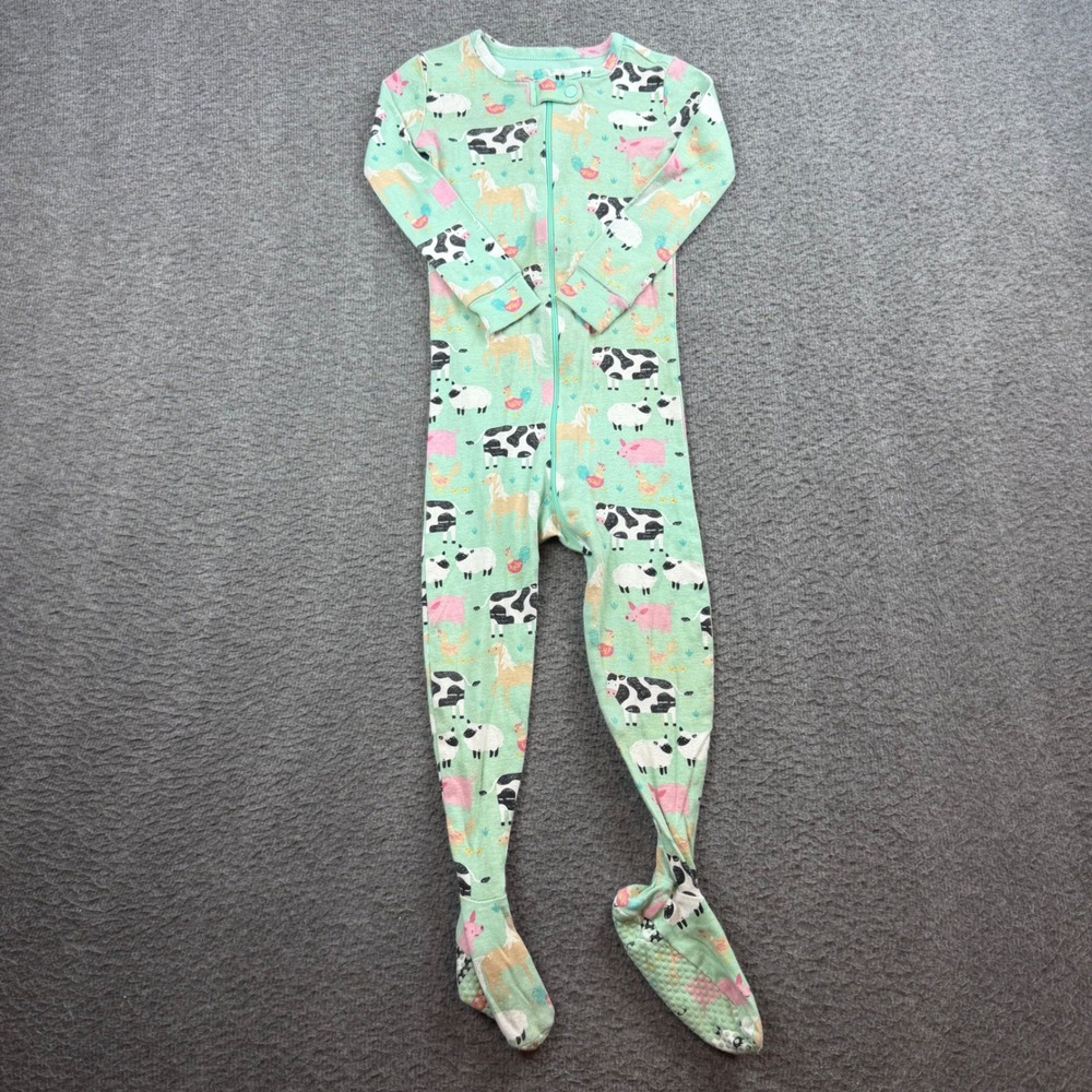 PJ Place Footed Sleeper Kids 2T Green Farm Animal‎ Print Zip Up Pajamas